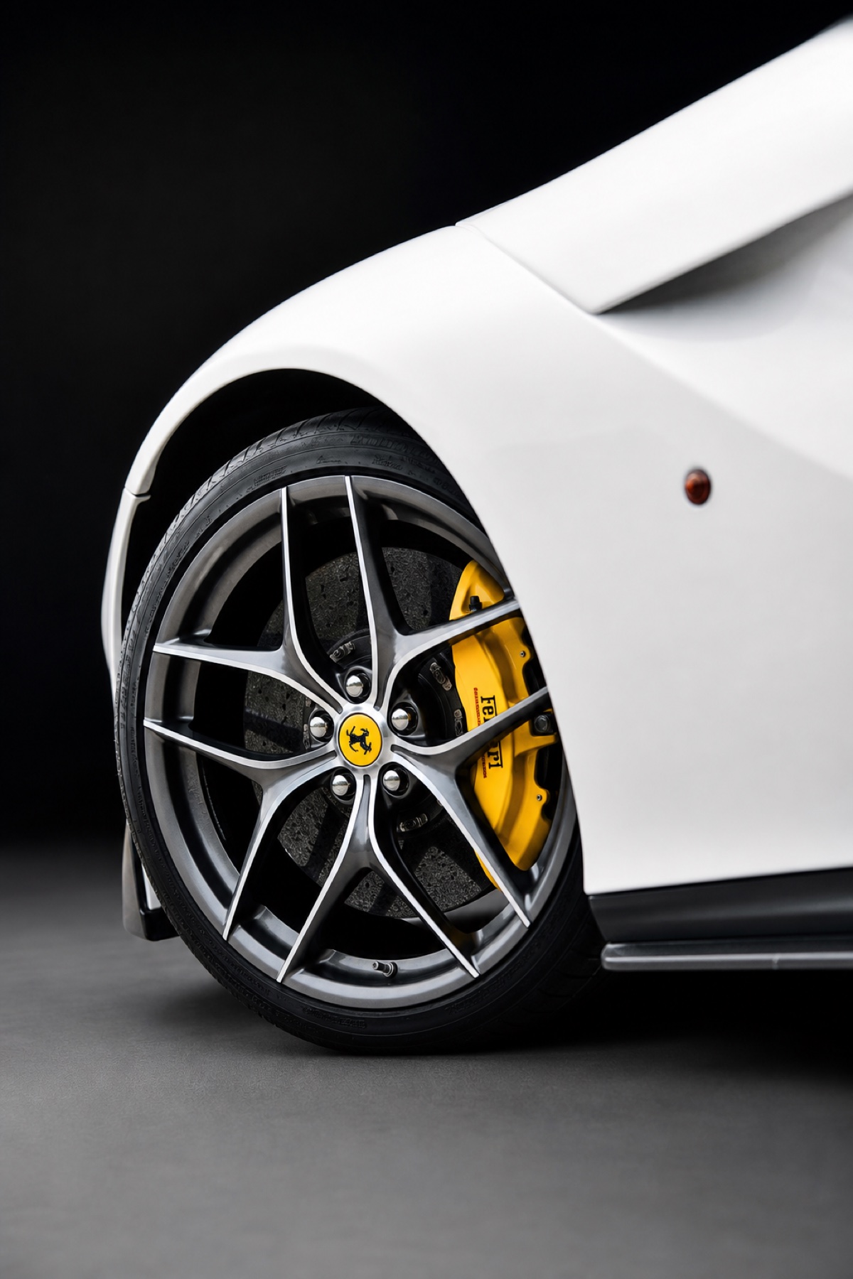 Retouched studio close-up of a Ferrari wheel and yellow brake caliper